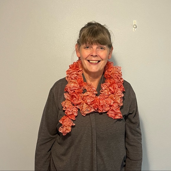 New Handmade Crochet Coral Colored Sequined Twirly Scarf 76” Long - Picture 10 of 14